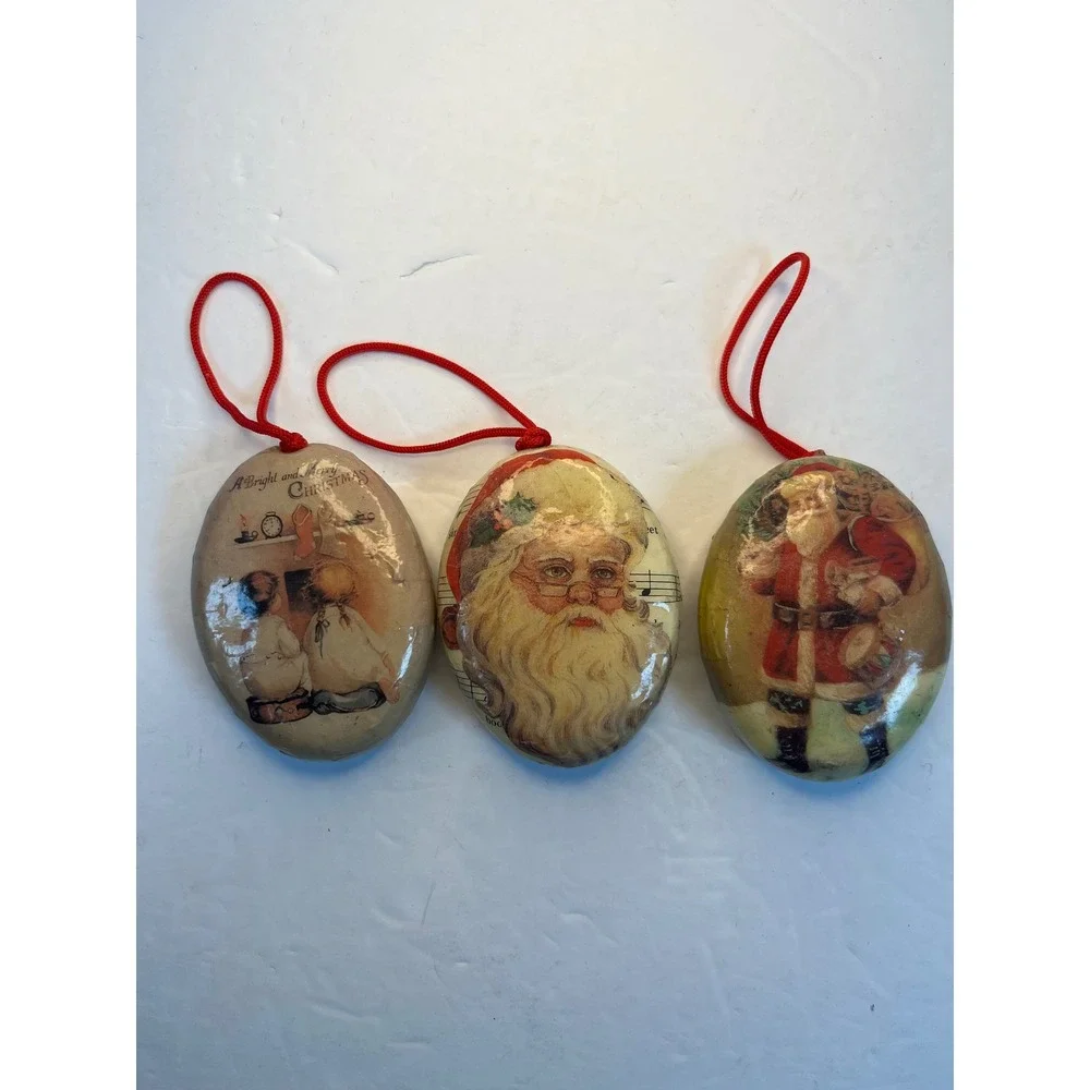 Vintage Paper Mache Santa Claus Christmas Ornaments Set of 3 Victorian Oval